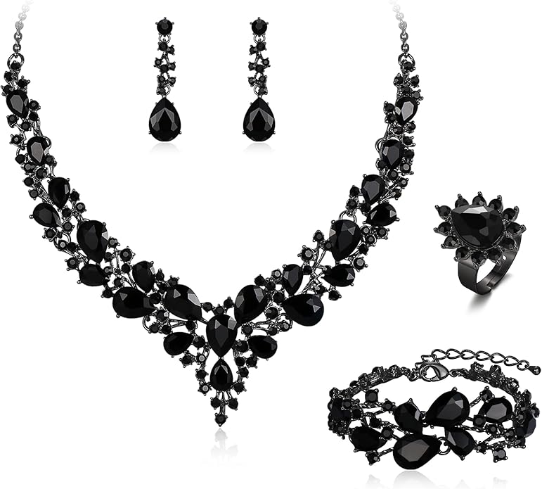 BriLove Wedding Bridal Jewelery for Women Austrian Crystal Teardrop Cluster Statement Necklace Dangle Earrings Link Bracelet Set