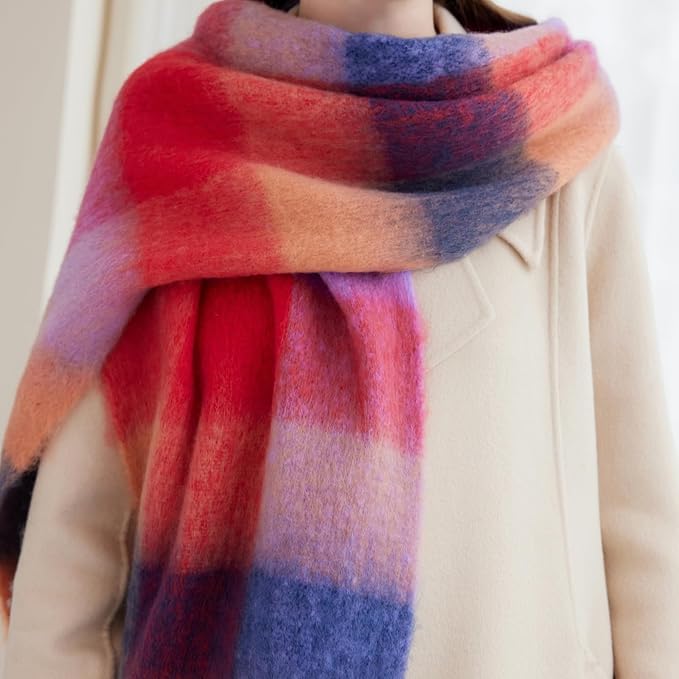 SHOHOKU Large Chunky Plaid Scarf Coloured Checked Oversized Scarf Tassel Soft Fall Winter Thick Warm Shawl Women
