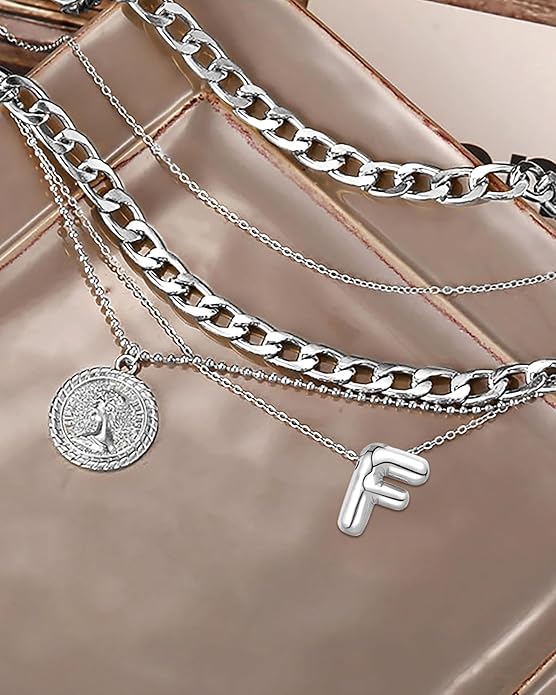 MJartoria Layered Necklaces for Women Trendy Balloon Initial Coin Pendant Necklace Dainty Chunky Chain Choker Necklaces Jewelry Birthday Gifts