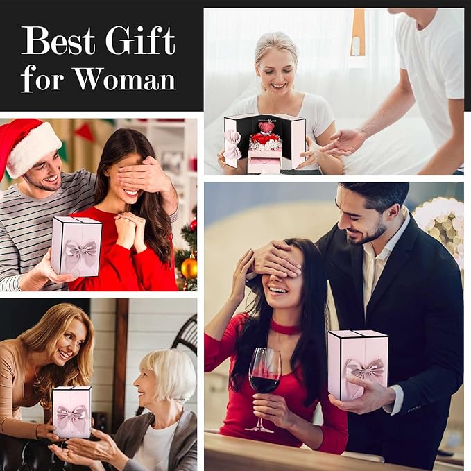 ADDWel Rose Gifts for Women Birthday Christmas - Preserved Real Roses Forever Red Flowers with I Love You in 100 Languages Necklace and Cute Moss Bear for Girlfriend Wife Mom Grandma