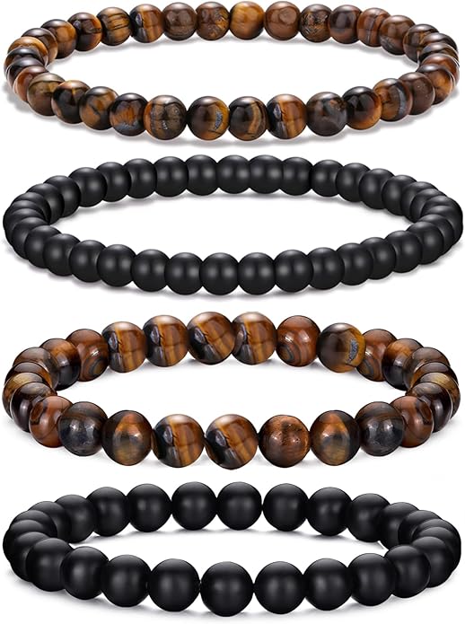Mens Bracelet Set Black Leather Bracelets for Men Tiger Eye Bracelet 6mm 8mm Lava Rock Beaded Bracelets Adjustable Stretech