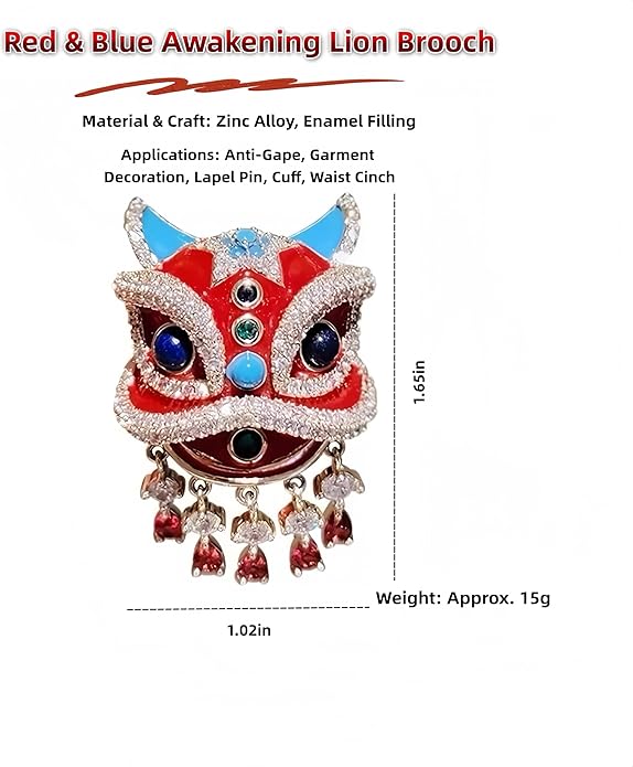 Chinese Lion Dance Brooch, Vintage Enamel Floral & Cat Eye Pearl Adjustable Lapel Pin for Women & Men – Traditional Asian Style Awakening Lion Brooch for Jacket, Blazer, Scarf, Qipao, Wedding, Festival Gift (Gold/Red/Blue)