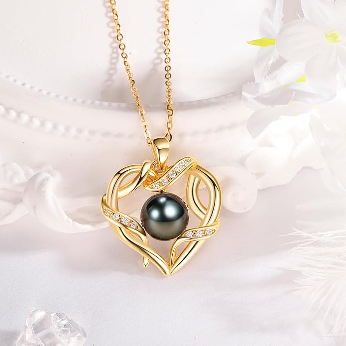 NONNYL Christmas Gifts for Women- Tahitian Black Pearl- Heart Necklace- Wife Mom Girlfriend Her- Anniversary Birthday- Mothers Day Valentine's Jewelry Gifts Real 9-10mm Pearl Pendant