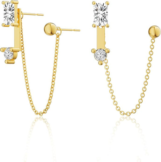 Freekiss Gold Chain Studs Earrings for Women Trendy: Hypoallergenic 14K Gold Plated Dangle Earrings Dainty Small Long Chain Earring Set Fashion Gold Jewelry for Women