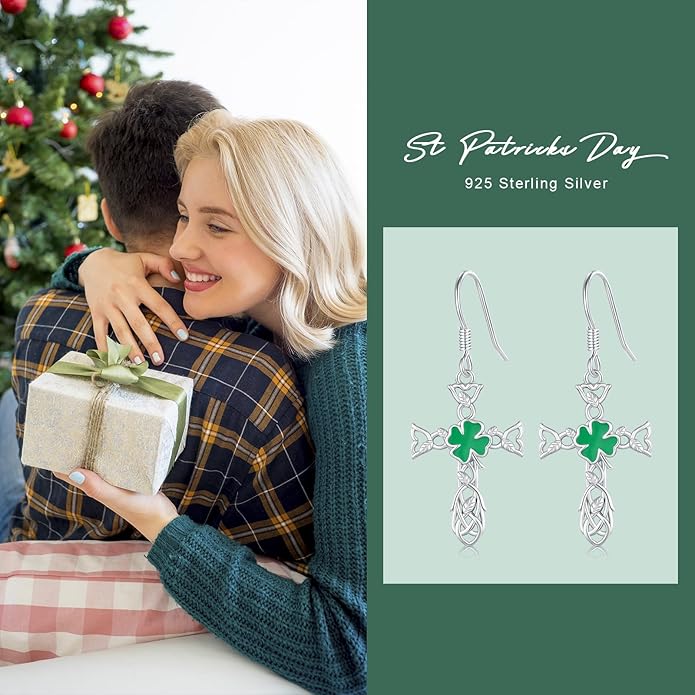 JUSTKIDSTOY St Patricks Day Earrings Gifts 925 Sterling Silver Four Leaf Clover Shamrock Earrings Irish Jewelry for Women Girls