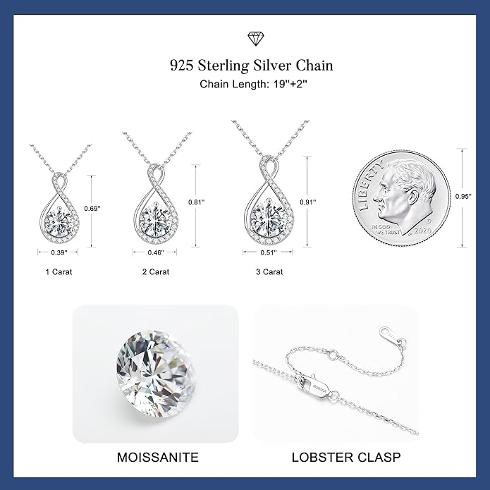 MOOSEA Infinity Moissanite Necklace for Women, 1-3 ct D Color VVS1 Clarity Moissanite 925 Sterling Silver Necklace, Anniversary Birthday Christmas Gifts for Women Wife Mom Girlfriend Grandma Friend