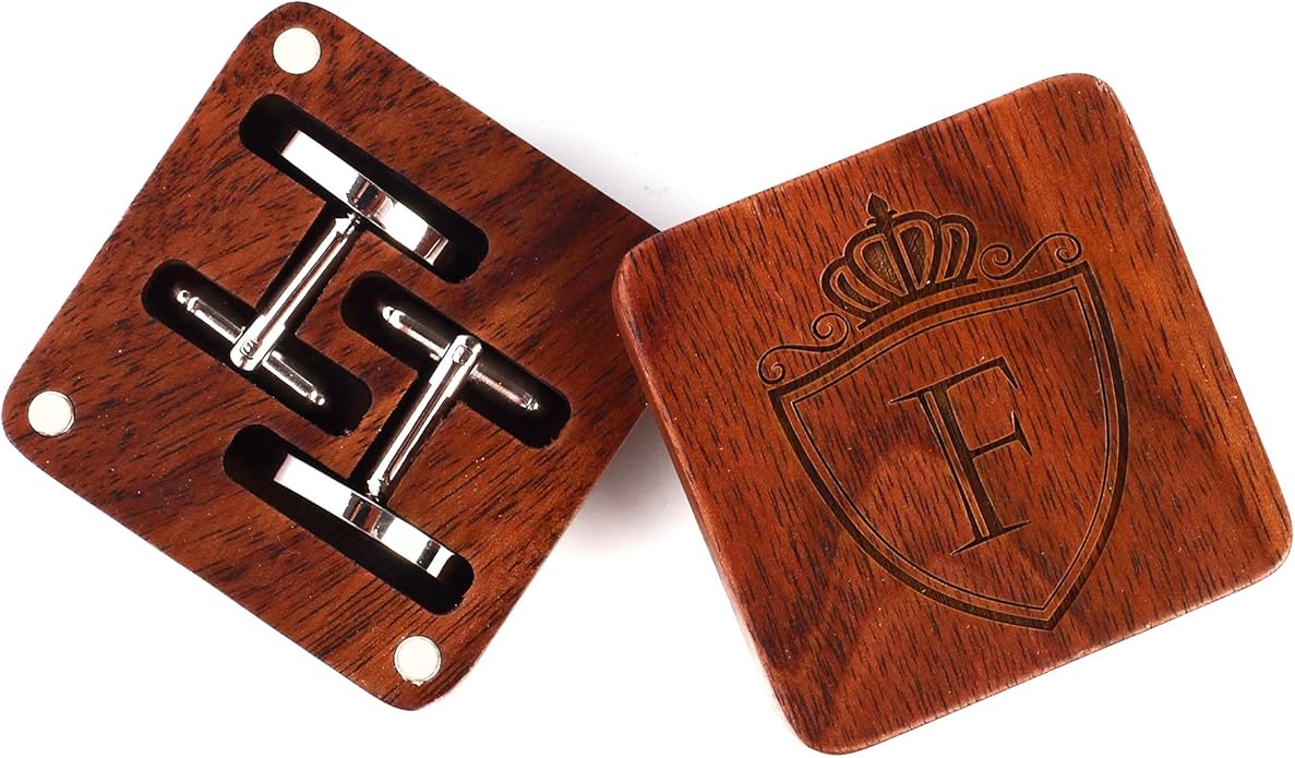 Mens Initial Silver Cufflinks A-Z Alphabet Letter Steel Cuff Links with Engraved Walnut Wood Box Groom Groomsman Wedding Set…