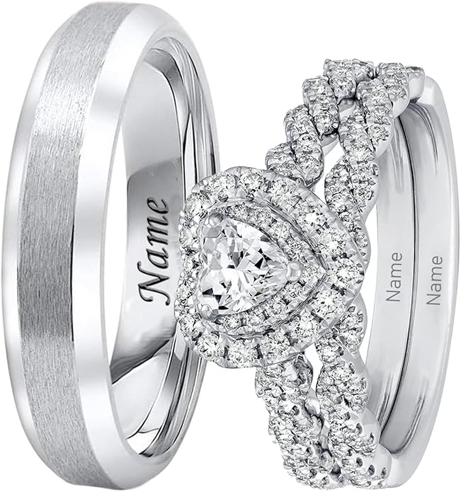 Rikelus Moissanite Engagement Ring Sets for Couples,10K 14K 18K Solid Gold Heart/Princess/Round Cut Bridal Ring Sets,Customized Matching Wedding Bands Set for Men and Women Free Engraving