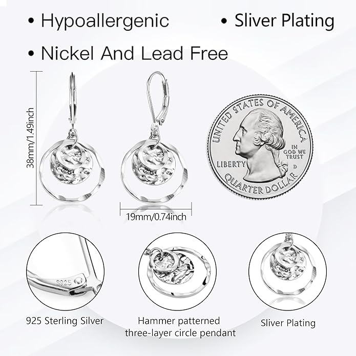 Sterling Silver Disc Leverback Earrings for Women Gold and Silver Circle Drop Dangle Earrings Jewelry Hypoallergenic Hammered Leverback Dangle Earrings for Gifts