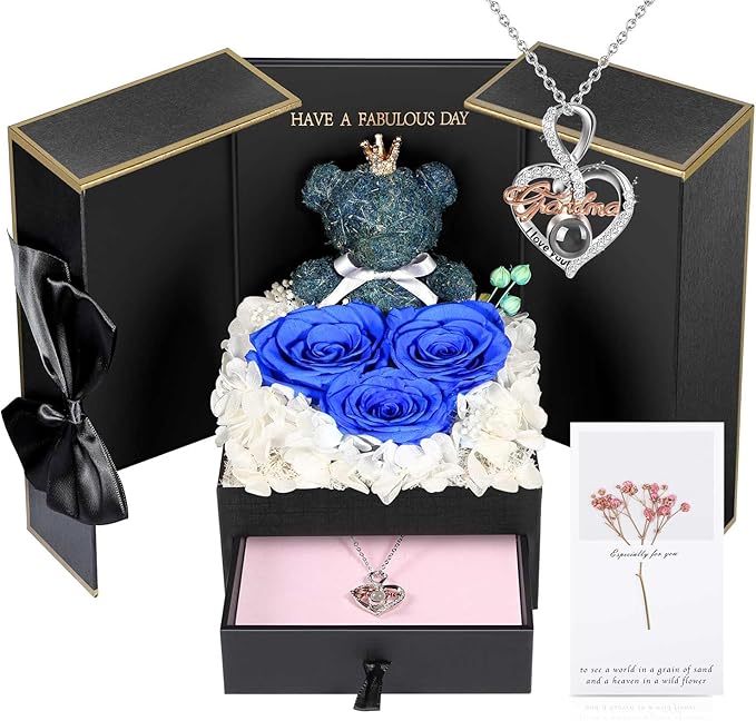 ADDWel Great Gifts for Grandma, Preserved Real Roses with I Love You 100 Languags Grandma Necklace, Cute Bear and Meaningful Eternal Roses for Grandmother Nana Birthday