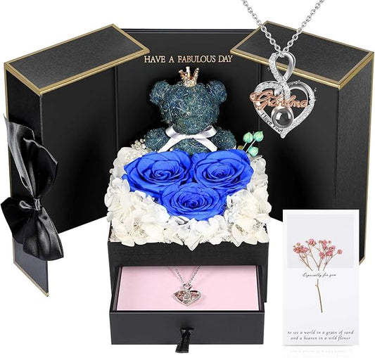ADDWel Great Gifts for Grandma, Preserved Real Roses with I Love You 100 Languags Grandma Necklace, Cute Bear and Meaningful Eternal Roses for Grandmother Nana Birthday
