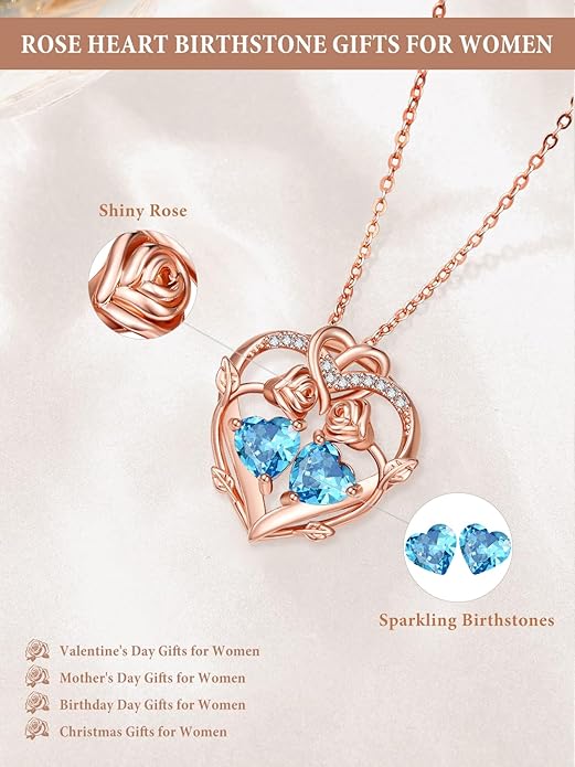 Rose Gold Necklaces for Women Double Birthstone Rose Flower Heart Pendant Necklace Jewelry Anniversary Christmas Valentine's Mother's Day Birthday Gift for Wife Mom Her Girlfriend Sister