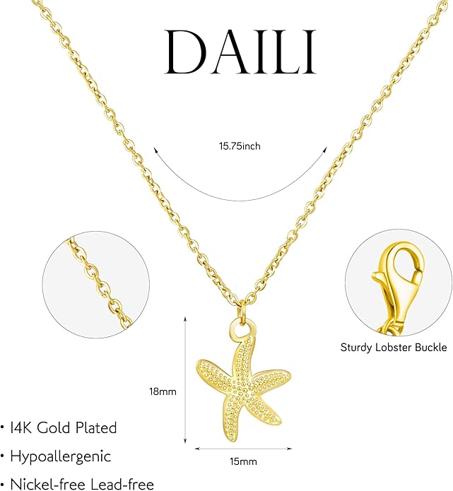 Shell Necklace for Women,14k Gold Plated Layered Starfish Conch SeaShell Pearl Pendant Charm Necklace,Non Tarnish Adjustable Stainless Steel Chain Stack Jewerly for Summer Beach Vacation