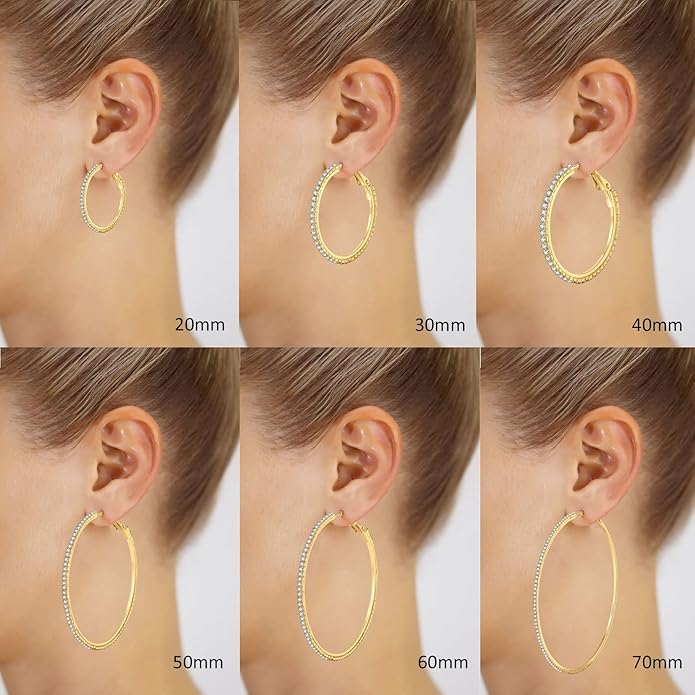 925 Sterling Silver Earrings Large Rhinestone Hoop Earrings Big Cubic Zirconia Hoop Earrings Thin Rhinestones Round Hoop Earrings for Women 20/30/40/50/60/70mm Sparkly Hoops With Crystals for Womens