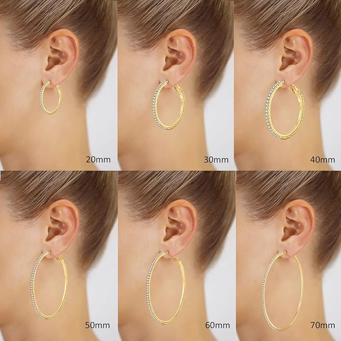 925 Sterling Silver Earrings Large Rhinestone Hoop Earrings Big Cubic Zirconia Hoop Earrings Thin Rhinestones Round Hoop Earrings for Women 20/30/40/50/60/70mm Sparkly Hoops With Crystals for Womens