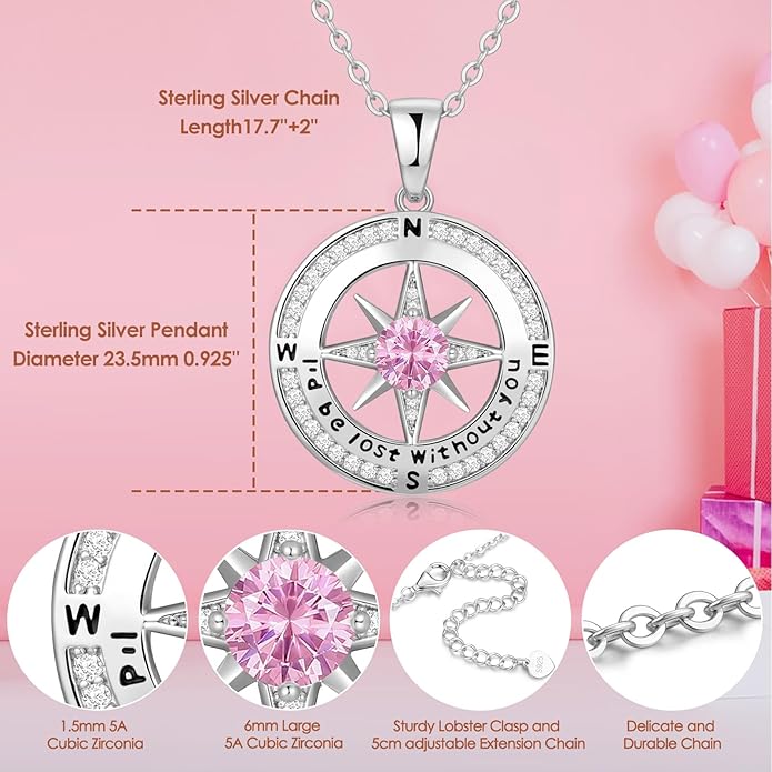 Zifeel Compass Necklace Gifts for Women wife - S925 Sterling Silver Birthstone Necklaces for Women - Anniversary Birthday Gifts for Her Wife Girlfriend - Valentines Mom Mothers Day Christmas Gifts Jewelry for Women