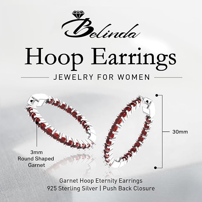Hoop Earrings with 40 Colored Gemstones, Birthstone Earrings, 925 Sterling Silver Rhodium Plated, Push Back Closure, 1.18'