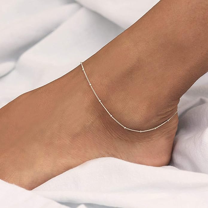 Pencros Dainty Layered Anklet,14K Gold Filled Cute Beads Satellite Chain Heart Boho Adjustable Anklets for Women