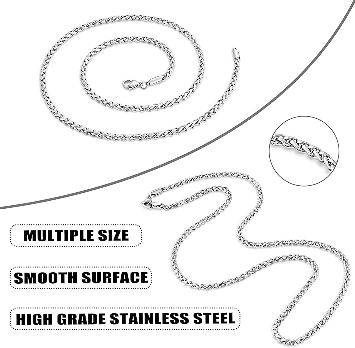 sovesi Wheat Necklace Chain for Men, Silver Plated Stainless Steel Necklace, 2.5/3mm Width Chain for Men and Women, 16-28 Inches Length Gift Jewelry