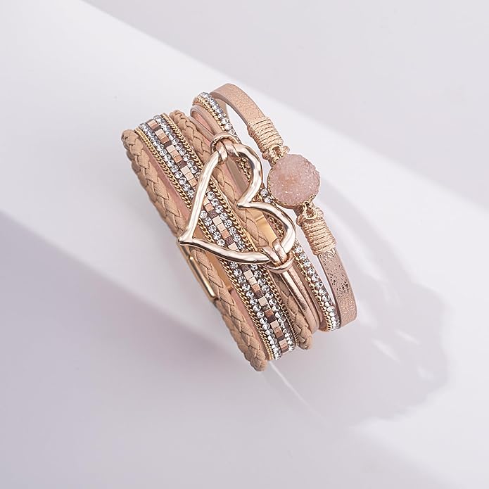 FANCY SHINY Heart Leather Wrap Bracelets Stackable Boho Cuff Bangles Trendy Resin Stone Rhinestone Bracelets with Magnetic Clasp for Women
