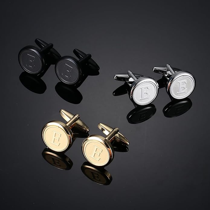LOLIAS 3 Pairs Initial Cufflinks For Men Classic Mens CuffLinks Set Letter Cuff Links for Casual to Formal with Gift Box Silver Black 14K gold plated Cufflinks for Father Husband