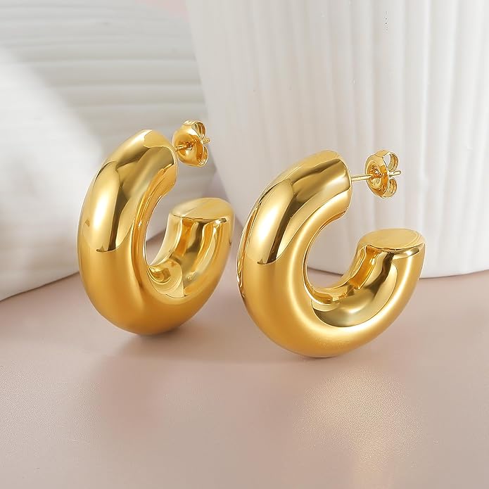 8YEARS Chunky Gold Hoop Earring for Women, 18K Gold Plated Lightweight Thick Hoops, Hypoallergenic Trendy Jewelry for Gift