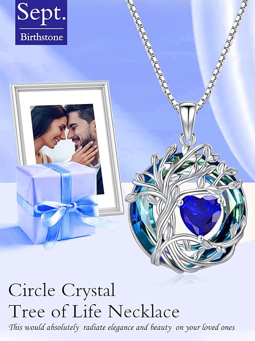 TOUPOP Christmas Gifts Tree of Life Birthstone Necklace 925 Sterling Silver Pendant Austrian Crystal Jewelry Anniversary Birthday Gifts for Women Mom Her Wife