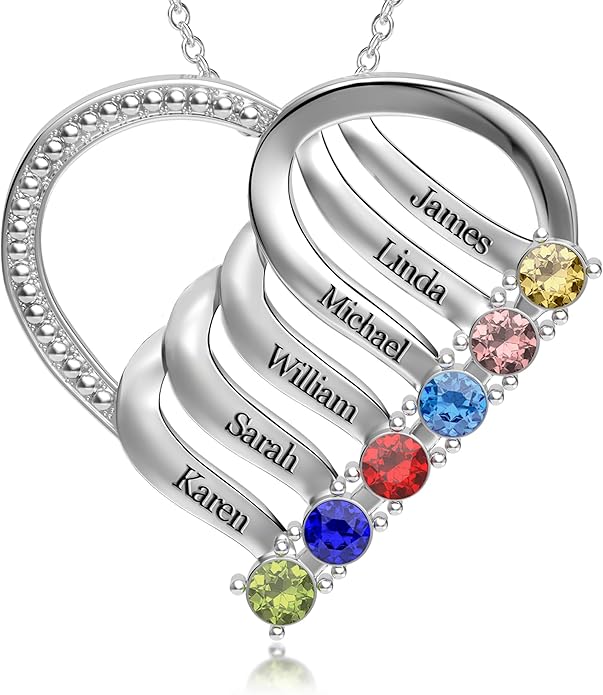 Easycosy Custom Name Necklace with Simulated Birthstones Customized Promise Necklace Heart Pendant with Engraved 2-6 Names - Anniversary Birthday Christmas Jewelry Gifts for Women Wife Mom Grandma
