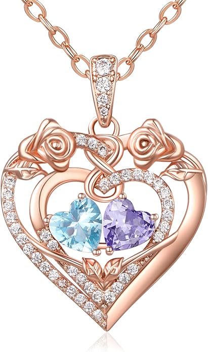 JIYVY32 Rose Heart Necklace for Women Exquisite 925 Sterling Silver Anniversary Birthday Gifts for Wife Mom Her Double Birthstone Pendant Jewelry