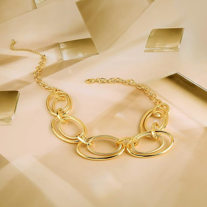 Chunky Gold Necklace for Women: 14k Gold Plated Loop Chain Link Statement Choker Necklace for Women - Chunky Fashion Pendant Jewelry