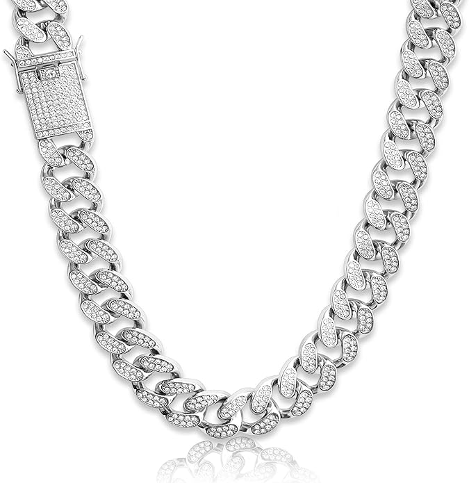 EMESLY Miami Cuban Link Chain 14K Gold Plated Necklace (16, 18, 20, 22, 24, 30 Inches Length); Hip Hop Bracelet (8" Length) for Men & Women; Perfect Iced Out Bling Jewelry Gift