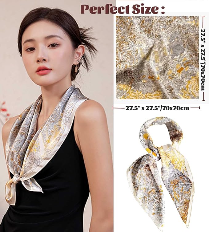 kcctoo 27.5" Mulberry Silk Feeling Head Scarf Women's Fashion Square Neck Satin Scarfs for Bag Hair Scarves Gift
