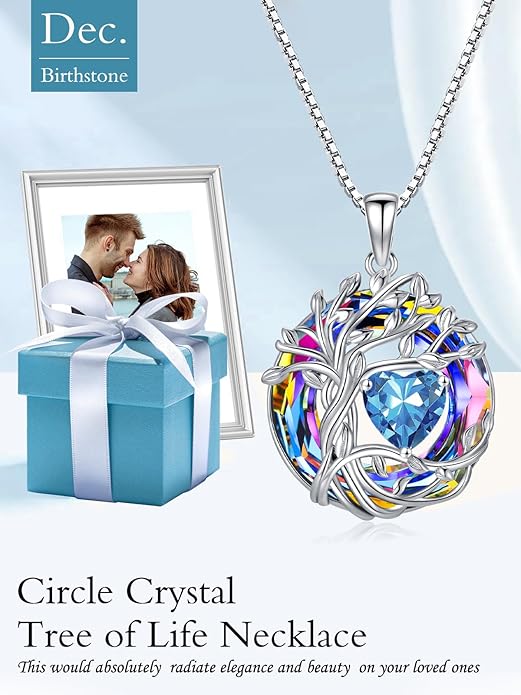 TOUPOP Christmas Gifts Tree of Life Birthstone Necklace 925 Sterling Silver Pendant Austrian Crystal Jewelry Anniversary Birthday Gifts for Women Mom Her Wife