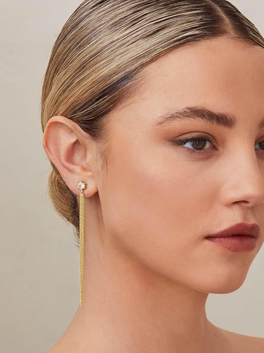 Moodear Dangle Earrings 14K Gold Plated Chain Earrings for Women Trendy Dainty Hypoallergenic Long Chain Drop Tassel CZ/Pearl Earrings Wedding Jewelry Gift
