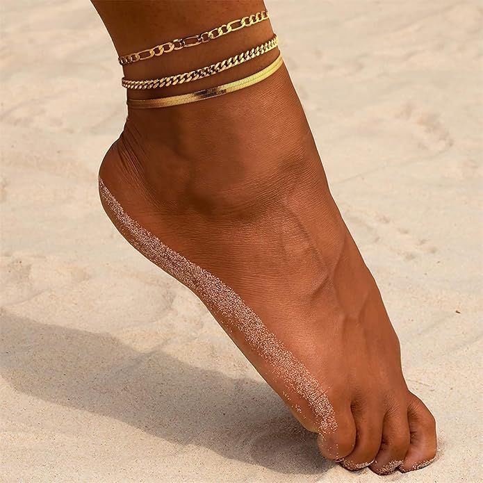 Gold Ankle Bracelets for women,14k Gold/Silver Plated Waterproof Layered lightweight Cuban Link Figaro Chain Heart anklet butterfly anklet Pearl Ankle Bracelets Set Gold Anklets for women Trendy Jewelry Gift for Women