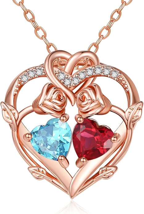 Rose Gold Necklaces for Women Double Birthstone Rose Flower Heart Pendant Necklace Jewelry Anniversary Christmas Valentine's Mother's Day Birthday Gift for Wife Mom Her Girlfriend Sister