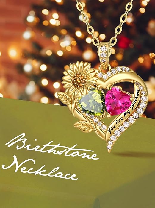 Sunflower Heart Necklace for Women 14K Gold Exquisite Anniversary Birthday Gifts for Wife Mother Her Double Birthstone Pendant jewelry‘You Are My Sunshine’