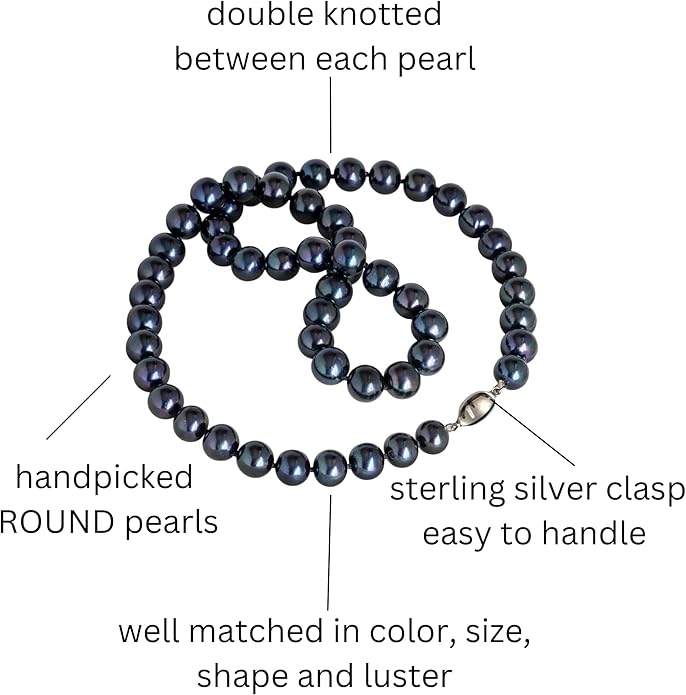 II ROUND PEARL II Real Black Pearl Necklace for Women Pearl Jewelry for Men Sterling Silver Genuine Cultured Freshwater Wedding Anniversary Birthday Gift Strand