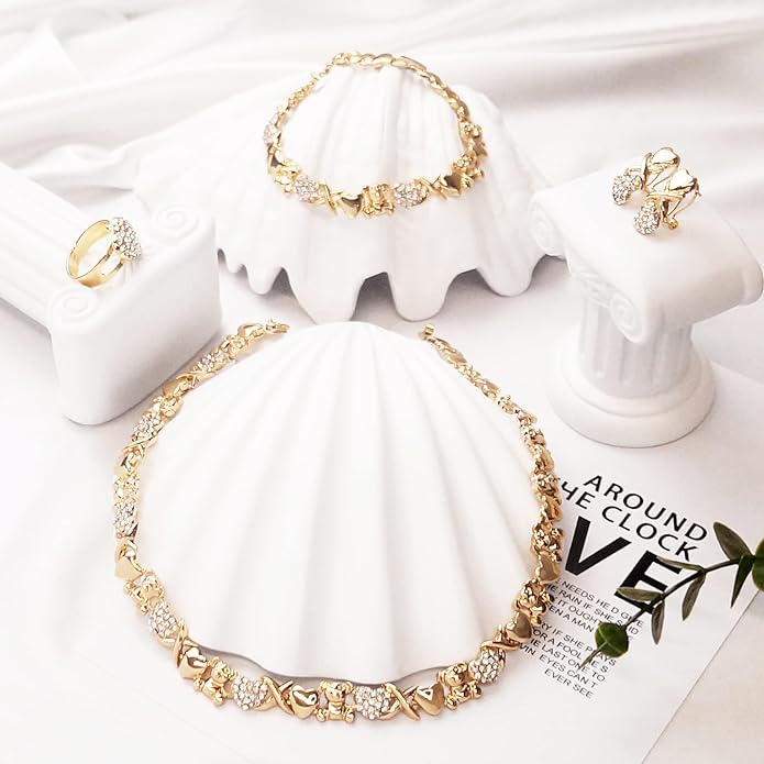 Gold Jewelry Sets for Women 18K Gold/Silver Filled Jewelry Necklace Set Wedding Bridal Fashion Jewelry Sets Women Accessories Bracelets Earrings and Rings Sweetheart Gifts