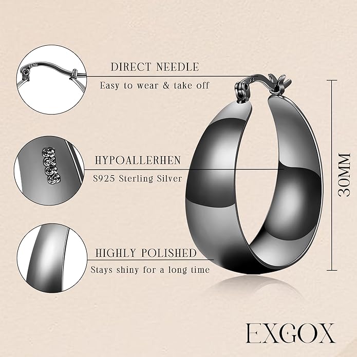 EXGOX Gold Hoop Earrings for Women Sterling Silver Post Hoops Earrings for Women Wide Thick Silver Hoop Earrings Hypoallergenic Lightweight 14k Real Gold Plated Hoop Large Earrings (25/30/40/50MM)