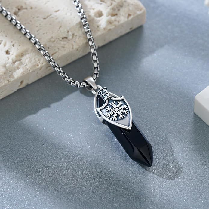 Tiaxiemo Viking Necklace for Men 925 Sterling Silver Black Obsidian Viking Necklace Norse Jewelry Gifts for Men
