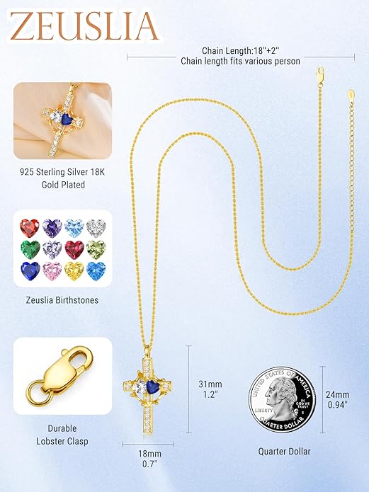 Zeuslia Double Birthstone Necklace Gifts for Wife - 925 Sterling Silver Sunflower/Rose/Crown Cross/Compass/Heart Pendant I Love You Necklace, Anniversary Birthday Gifts for Wife Girlfriend Mom Her