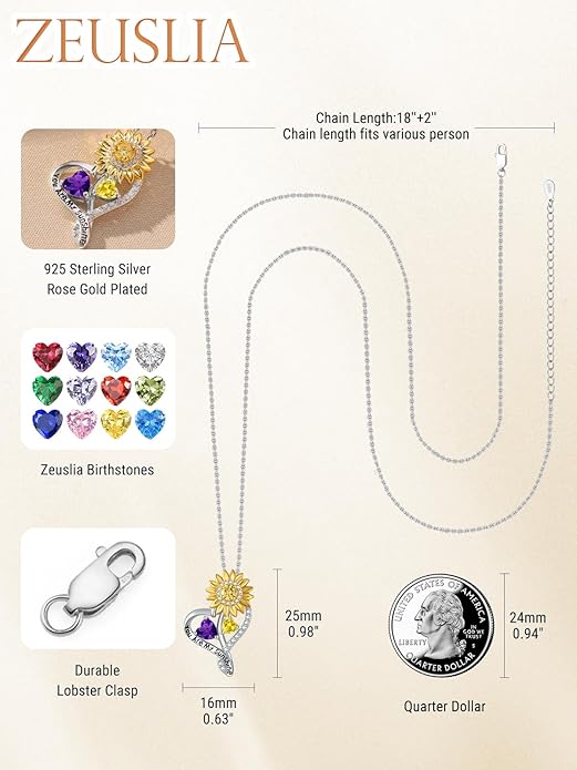 Zeuslia Double Birthstone Necklace Gifts for Wife - 925 Sterling Silver Sunflower/Rose/Crown Cross/Compass/Heart Pendant I Love You Necklace, Anniversary Birthday Gifts for Wife Girlfriend Mom Her