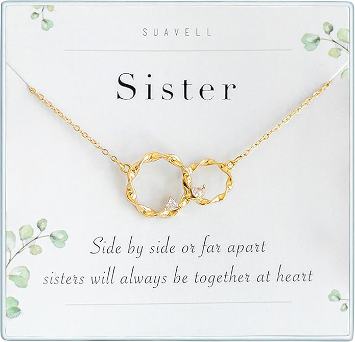 Suavell Sister Necklace - Sterling Silver Interlocking Double Circle Necklace - Birthday Gift for Sister - Maid of Honor Gift