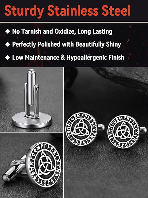 FaithHeart Mens Cufflinks, Norse Viking Tuxedo Shirt Cuff Links, Stainless Steel Cuff Links and Shirt Studs, Gift Box
