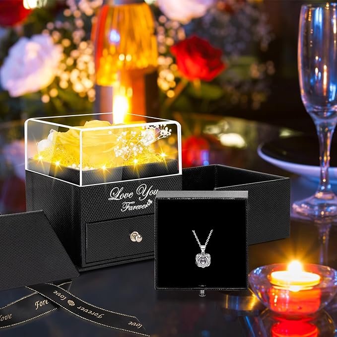 Preserved Real Rose with Heart I Love You Necklace -Eternal Flowers Rose Birthday Gifts for Her Mom Wife Girlfriend Grandma on Valentines Mothers Day Christmas Anniversary Romantic (Yellow)