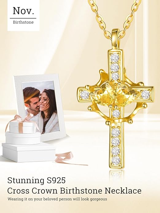Zeuslia Double Birthstone Necklace Gifts for Wife - 925 Sterling Silver Sunflower/Rose/Crown Cross/Compass/Heart Pendant I Love You Necklace, Anniversary Birthday Gifts for Wife Girlfriend Mom Her