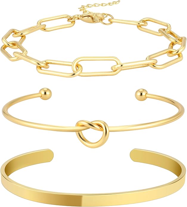 Reoxvo Gold Plated Bangle Cuff Bracelets for Women Non Tarnish Gold Bracelet Stack Jewelry Set for Women Trendy