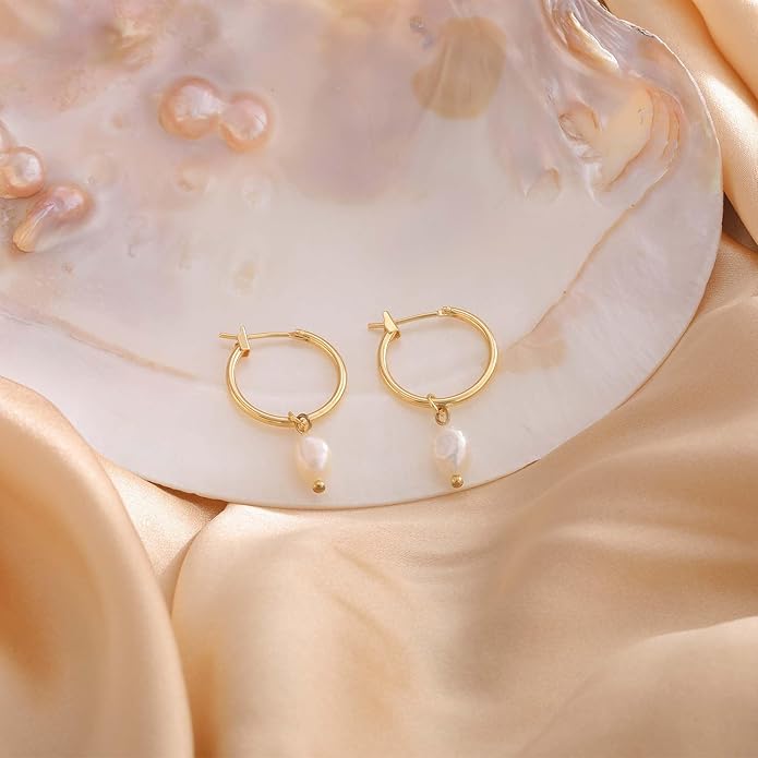 14K Gold Plated Pearl Dangle Earrings for Women, Small Pearl Drop Huggie Hoop Earrings, Hypoallergenic Dainty Gold Wedding Earrings Jewelry Gifts for Women Trendy