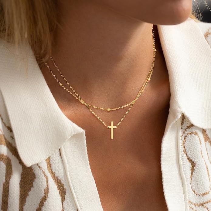 Cross Necklace for Women Dainty 14K Real Silver Gold Plated Layered Cross Pendant Necklace Stack Simple Trendy Cute Charm Choker Necklaces Jewelry Gift for Women Teen Her